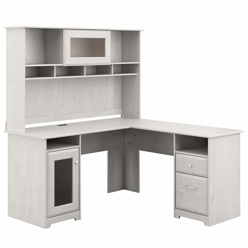 Cabot 60W L Shaped Computer Desk with Hutch in Linen White Oak