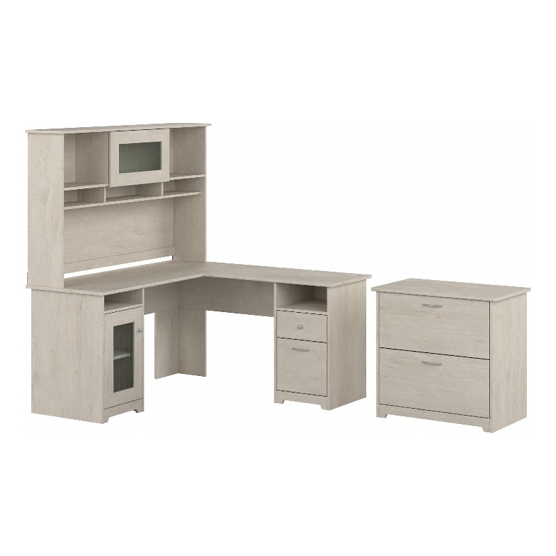 Cabot L Desk with Hutch and File Cabinet in Linen White Oak - Engineered Wood