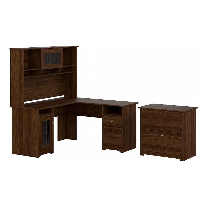 Cabot L Desk with Hutch & File Cabinet in Modern Walnut - Engineered Wood