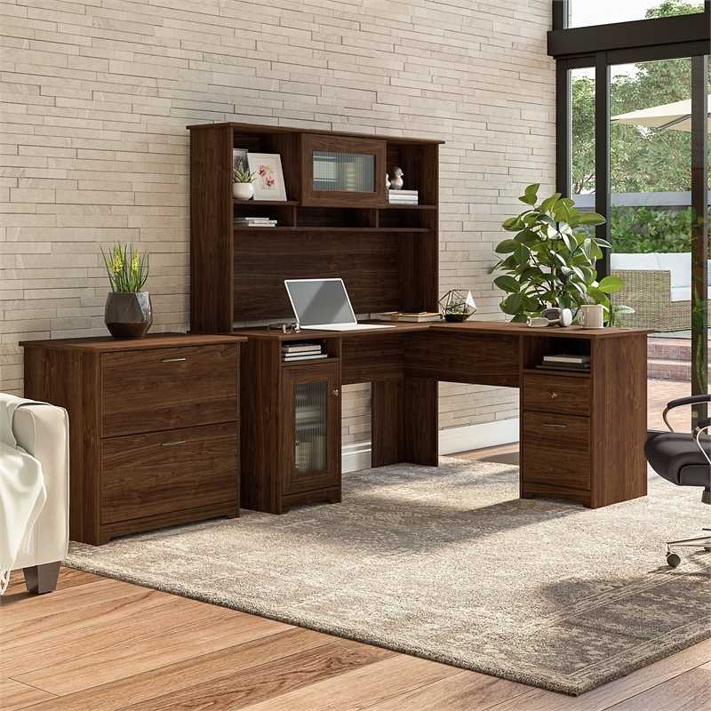 Cabot L Desk with Hutch & File Cabinet in Modern Walnut - Engineered Wood