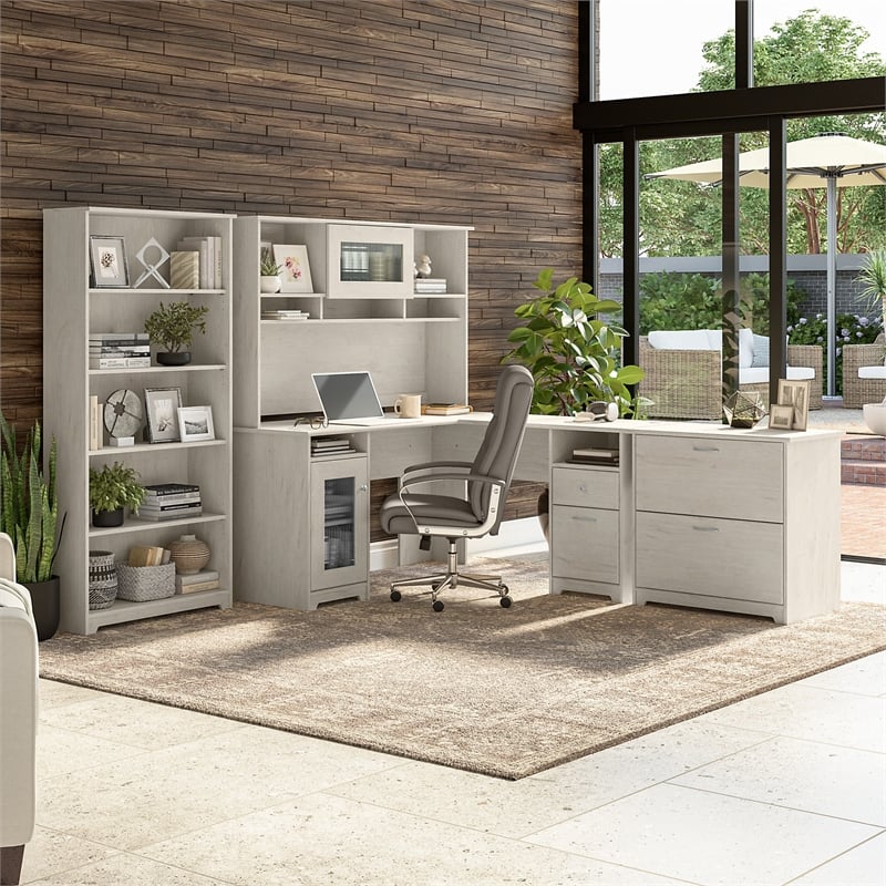Cabot L Shaped Desk with Hutch and Storage in Linen White Oak - Engineered Wood
