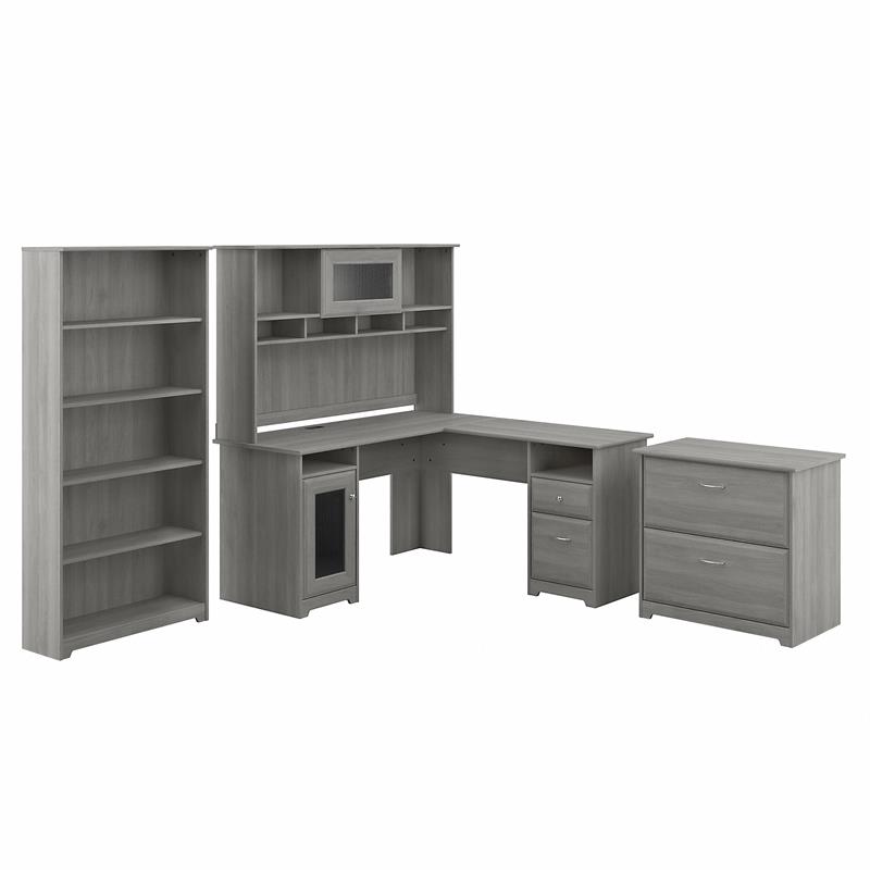 Cabot L Shaped Desk with Hutch and Storage in Modern Gray - Engineered Wood