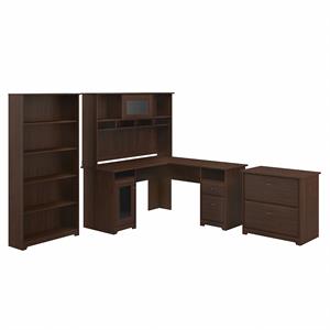 Bush Furniture Cabot L Desk With Hutch, Lateral File Cabinet and 5 Shelf Bookcase