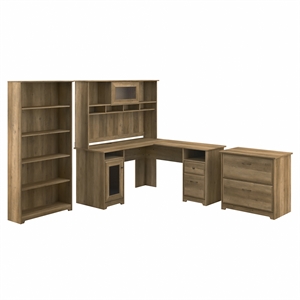 bush furniture cabot l desk with hutch, lateral file cabinet and 5 shelf bookcase