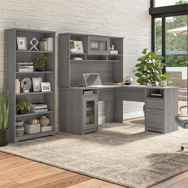 Cabot L Shaped Desk with Hutch and Bookcase in Modern Gray - Engineered Wood