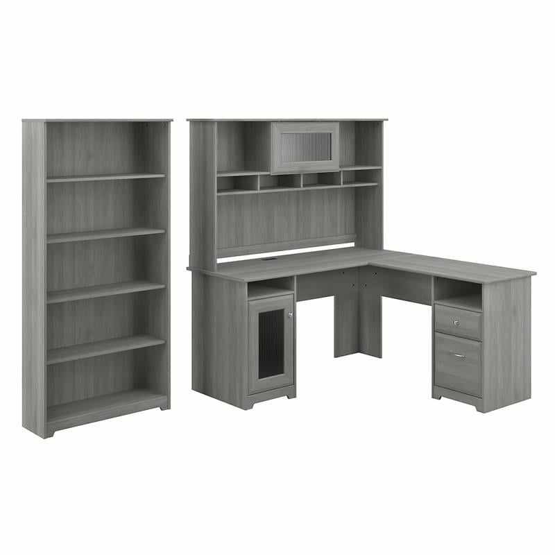Cabot L Shaped Desk with Hutch and Bookcase in Modern Gray - Engineered Wood