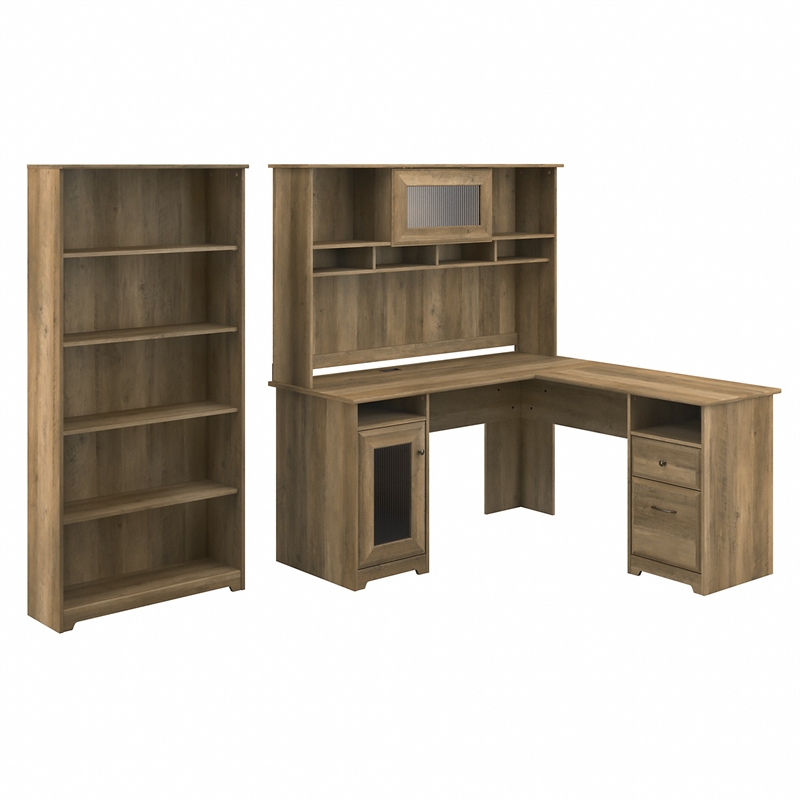 Cabot L Shaped Desk with Hutch and Bookcase in Reclaimed Pine - Engineered Wood