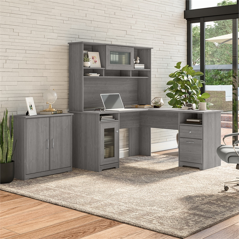 Cabot L Desk with Hutch and Small Cabinet in Modern Gray - Engineered Wood