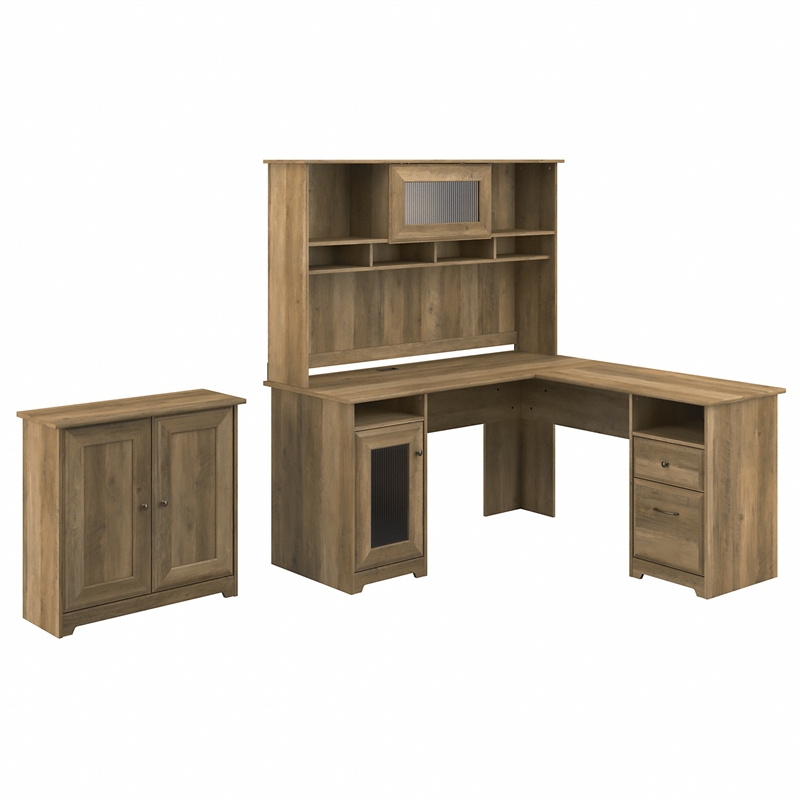Cabot L Desk with Hutch and Small Cabinet in Reclaimed Pine - Engineered Wood