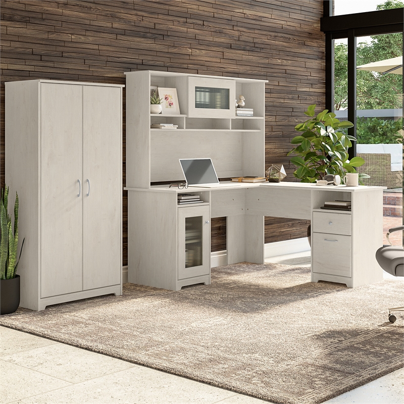 Cabot L Desk with Hutch and Tall Cabinet in Linen White Oak - Engineered Wood