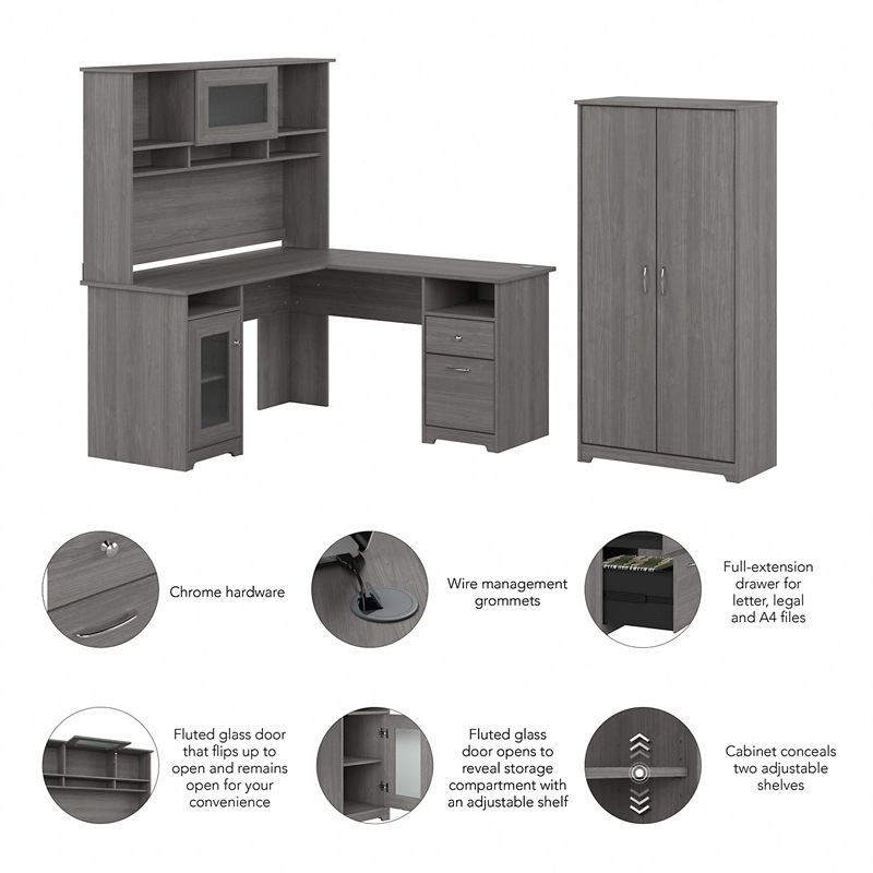 Bush Furniture Cabot L Desk with Hutch & Tall Cabinet in Modern Gray