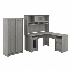 Bush Furniture Cabot 60W L Desk, Hutch, and 2 Door Tall Storage Cabinet