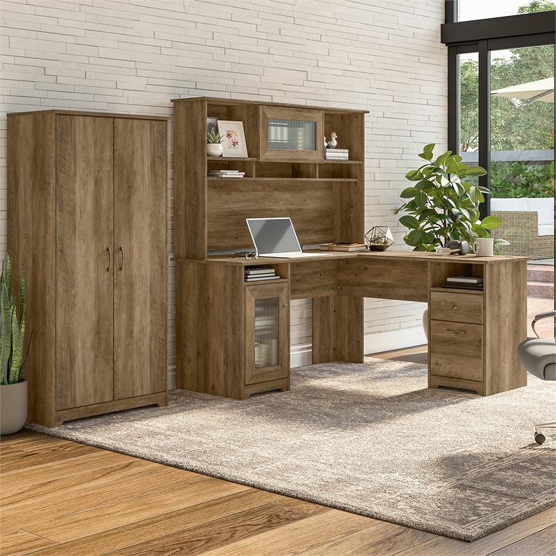 Cabot L Desk with Hutch and Tall Cabinet in Reclaimed Pine - Engineered Wood