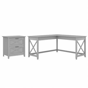 Bush Furniture Key West 60W L Desk With Lateral File Cabinet