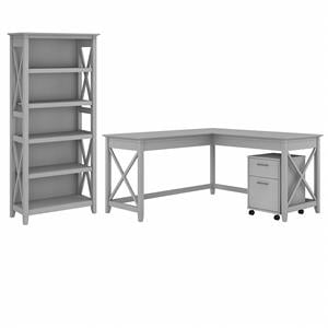 Bush Furniture Key West 60W L Desk, Pedestal File Cabinet and Bookcase
