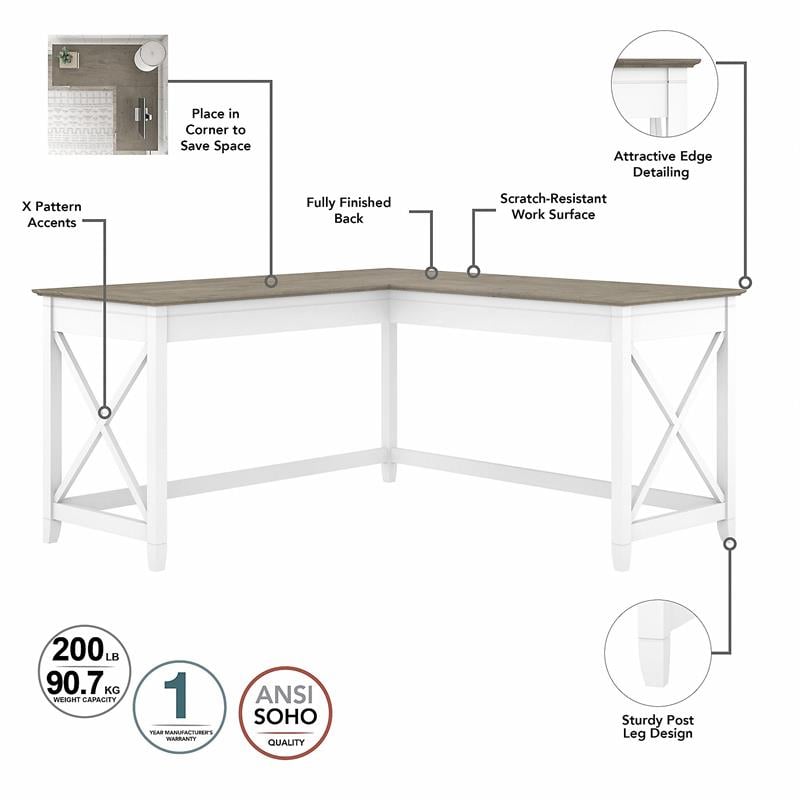 Key West L Desk with Drawers and Bookcase in White and Gray - Engineered Wood