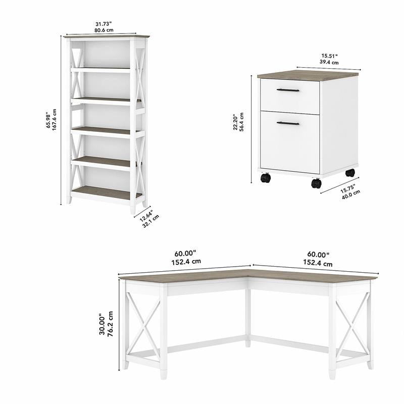 Key West L Desk with Drawers and Bookcase in White and Gray - Engineered Wood