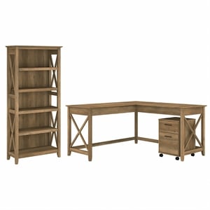 Key West L Desk with Drawers and Bookcase in Reclaimed Pine - Engineered Wood