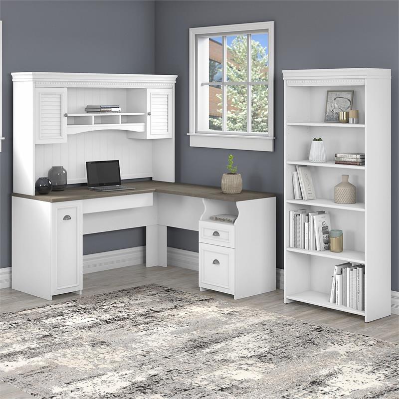 Fairview L Desk with Hutch and Bookcase in White and Gray - Engineered Wood