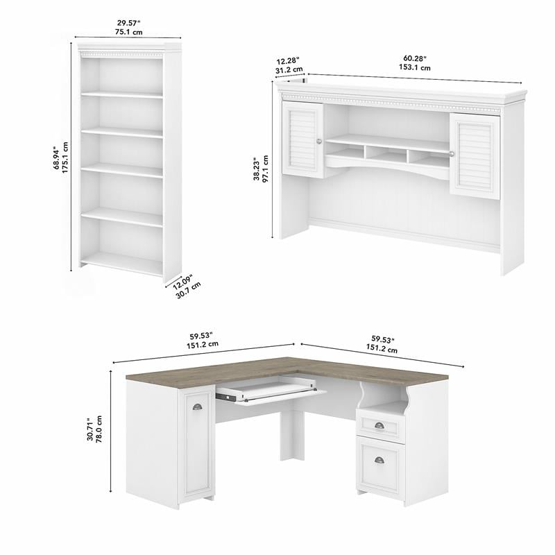 Fairview L Desk with Hutch and Bookcase in White and Gray - Engineered Wood