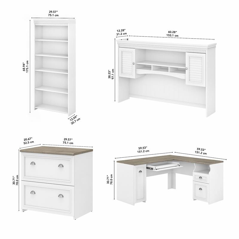 Fairview L Desk 4 Pc Set with Storage in White and Gray - Engineered Wood