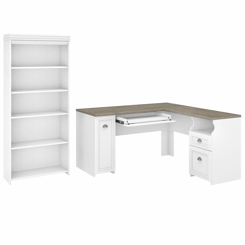Fairview 60W L Shaped Desk with Bookcase in White and Gray Engineered