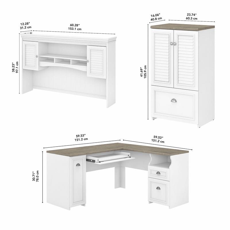 Fairview L Desk with Hutch and Storage Cabinet in White/Gray - Engineered Wood