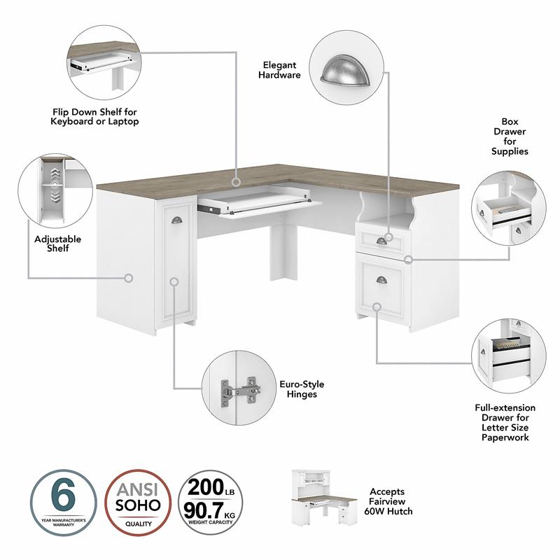 Fairview L Desk with Hutch and Low Storage in White/Gray - Engineered Wood