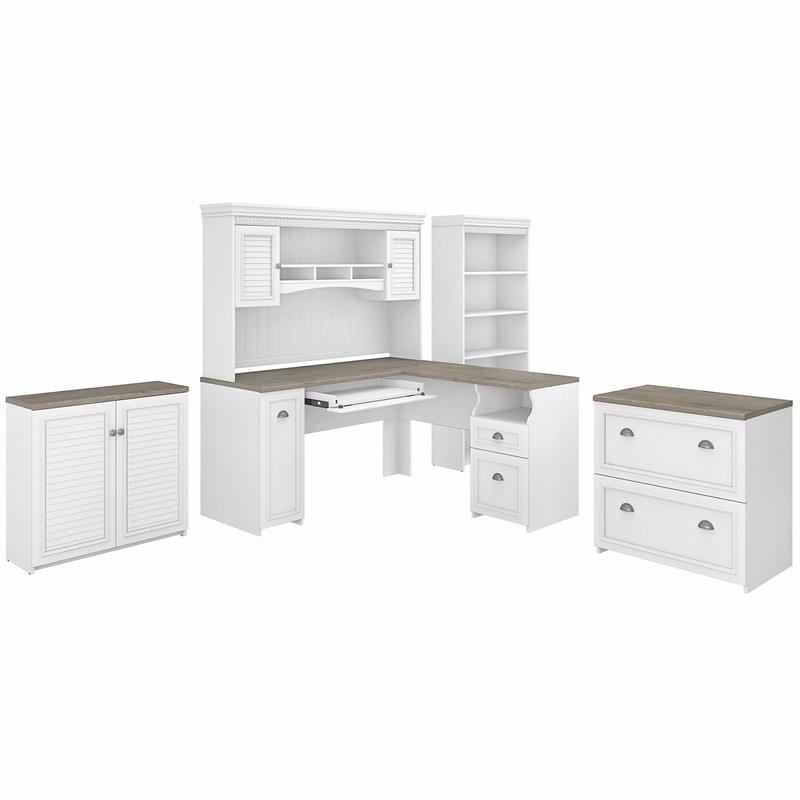 Fairview L Desk 5 Pc Office Set with Storage in White & Gray - Engineered Wood
