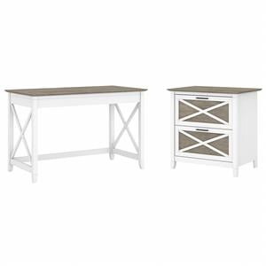 Key West 48W Desk with Lateral File Cabinet in White and Gray - Engineered Wood