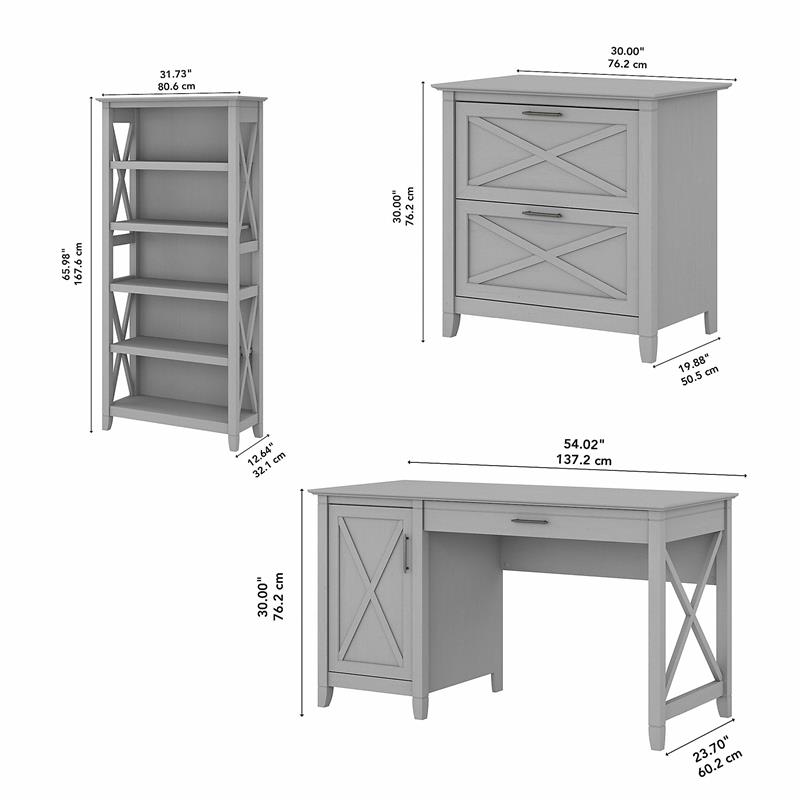 Key West 54W Desk with File Cabinet and Bookcase in Gray - Engineered Wood