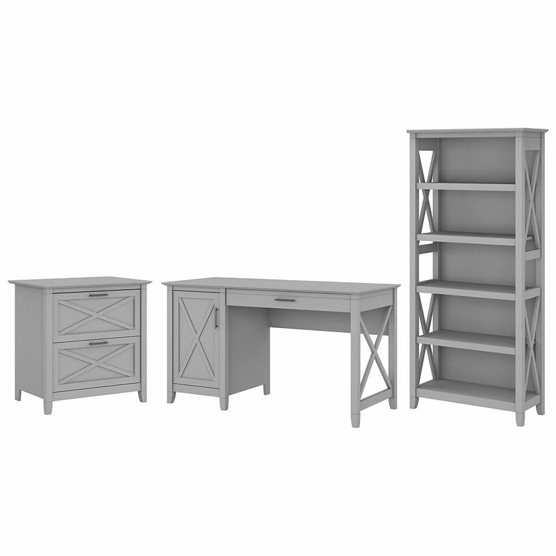 Key West 54W Desk with File Cabinet and Bookcase in Gray - Engineered Wood