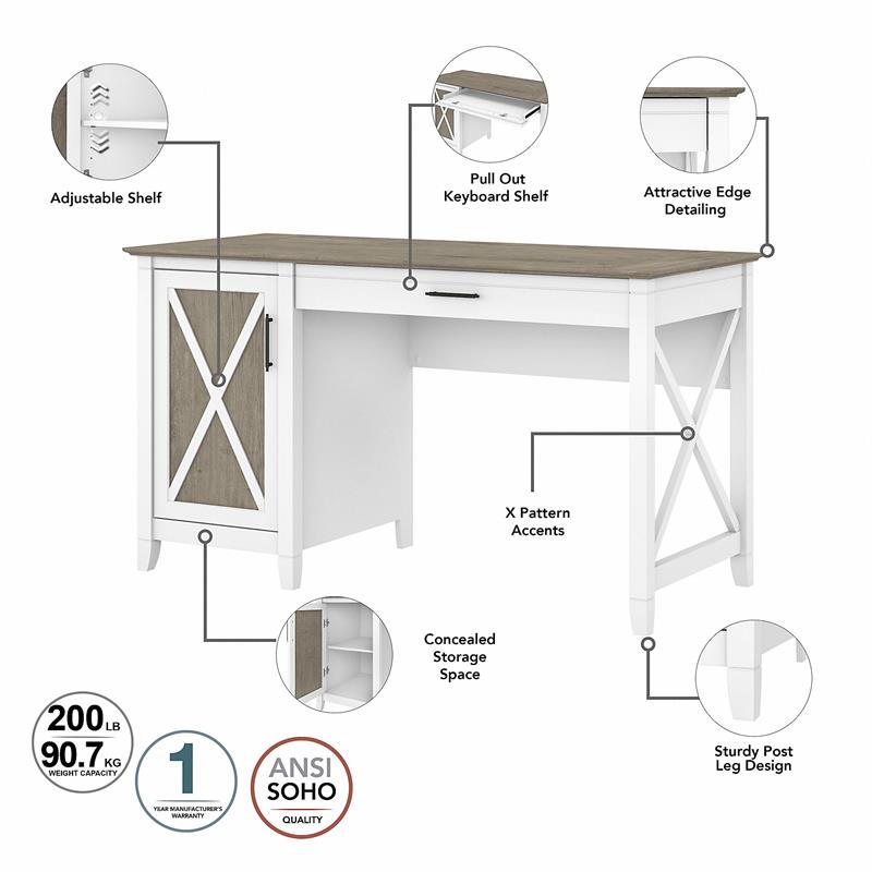 Key West 54W Desk with File Cabinet and Bookcase in White/Gray - Engineered Wood