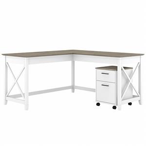 Key West L Desk with Mobile File Cabinet in White and Gray - Engineered Wood