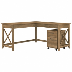 Key West L Desk with Mobile File Cabinet in Reclaimed Pine - Engineered Wood