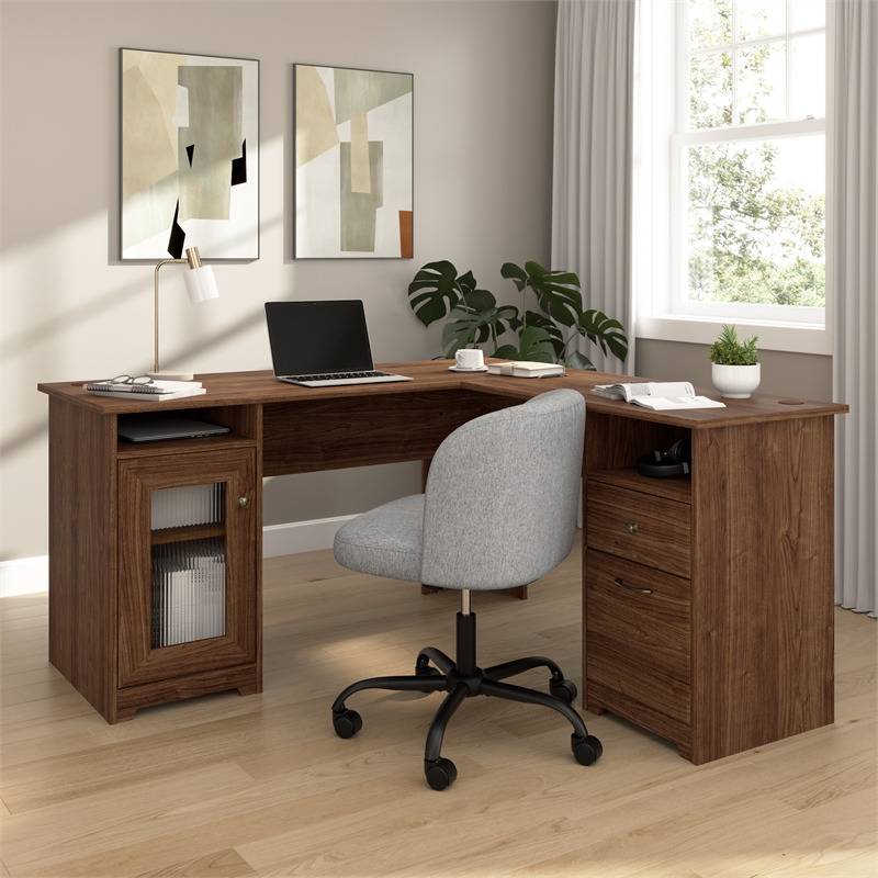 Cabot 60W L Shaped Computer Desk with Storage in Modern Walnut - Engineered Wood