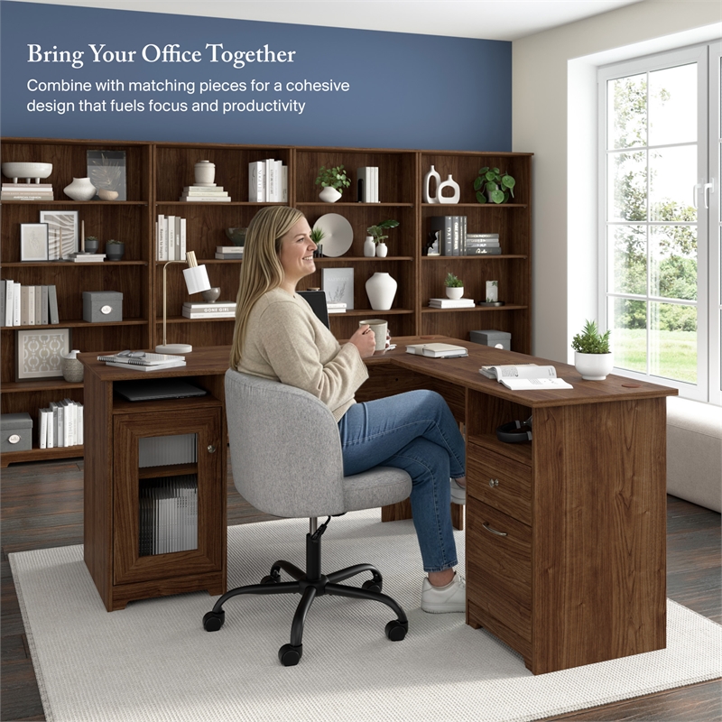 Cabot 60W L Shaped Computer Desk with Storage in Modern Walnut - Engineered Wood