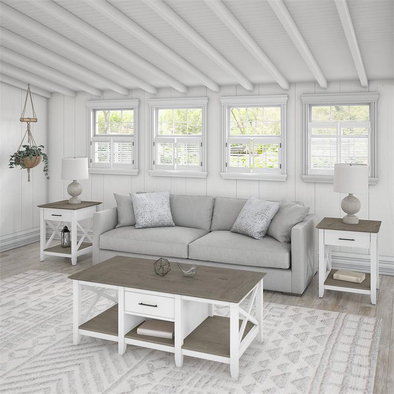 Key West Coffee Table with End Tables in White and Gray - Engineered Wood