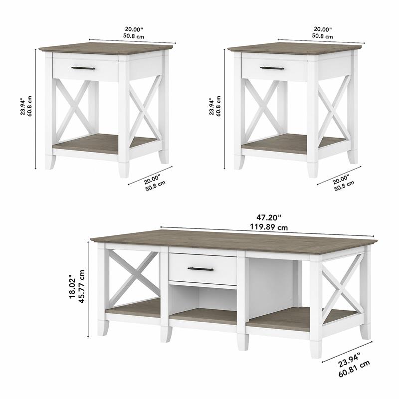 Key West Coffee Table with End Tables in White and Gray - Engineered Wood
