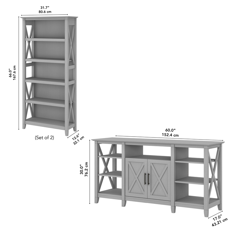 Key West Tall TV Stand with Bookcases in Cape Cod Gray - Engineered Wood