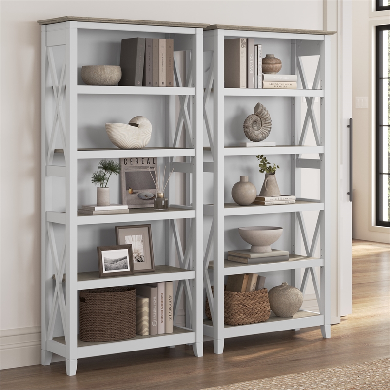 Key West 5 Shelf Bookcase Set in Pure White and Shiplap Gray - Engineered Wood