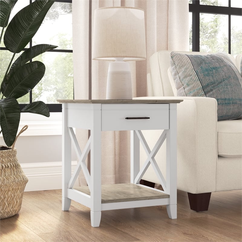 Key West End Table with Storage in Pure White and Shiplap Gray - Engineered Wood