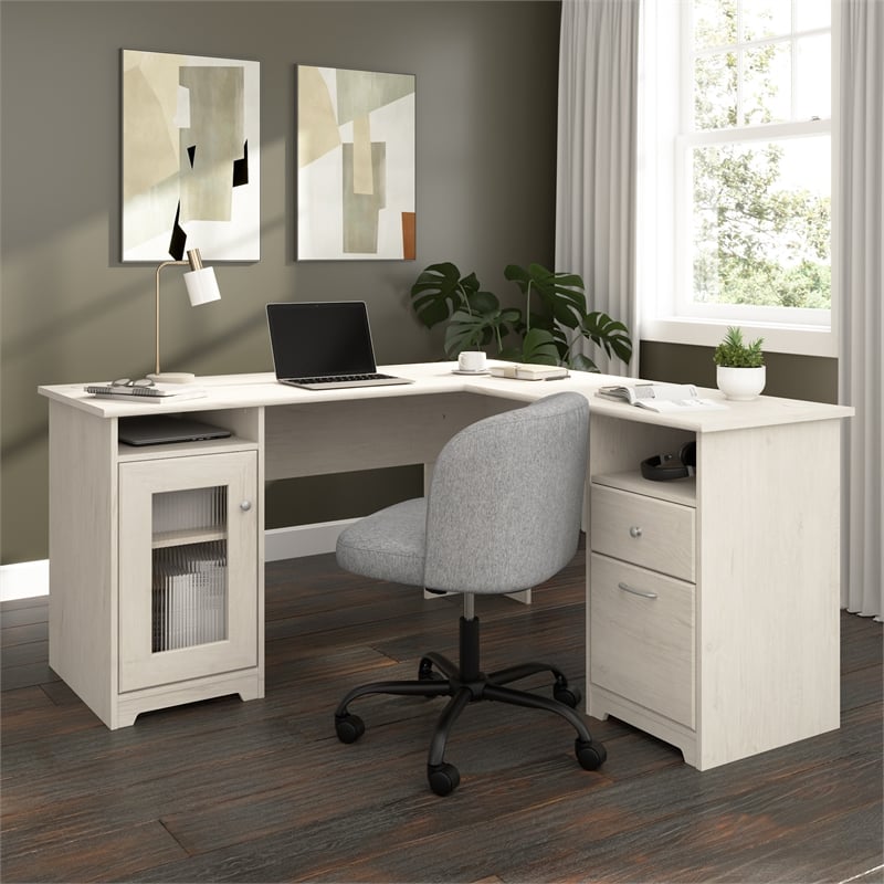 Cabot 60W L Computer Desk with Storage in Linen White Oak - Engineered Wood