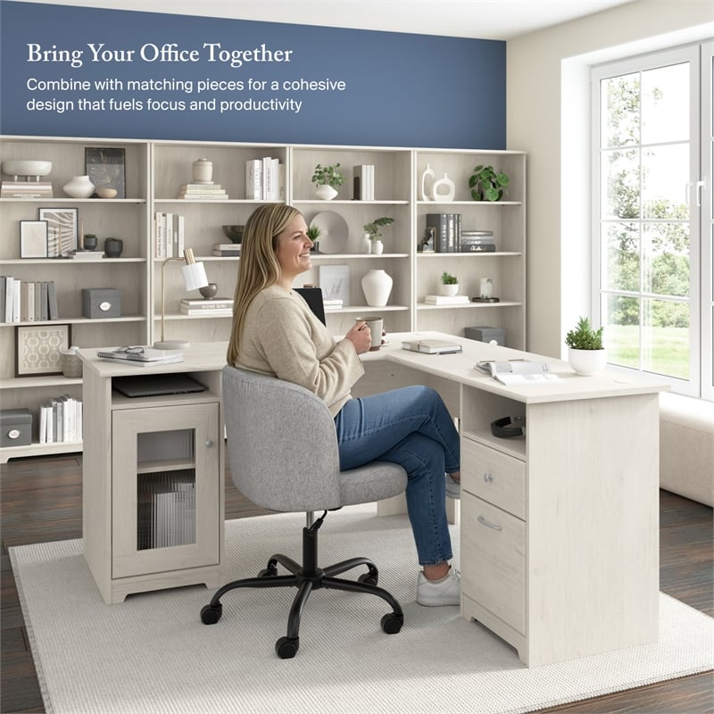 Cabot 60W L Computer Desk with Storage in Linen White Oak - Engineered Wood