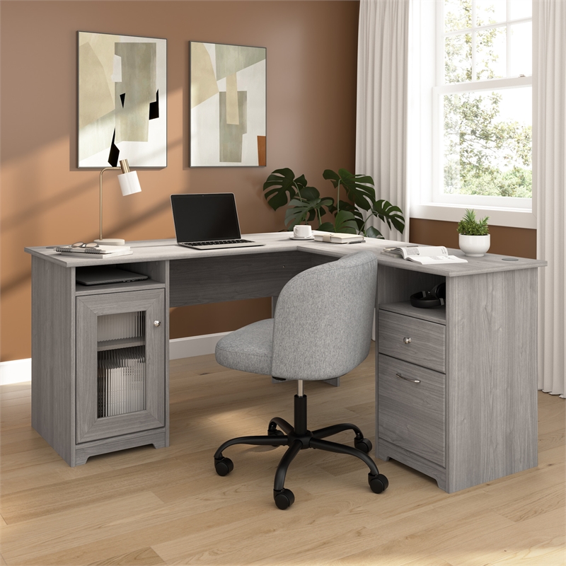 Cabot 60W L Shaped Computer Desk with Storage in Modern Gray - Engineered Wood