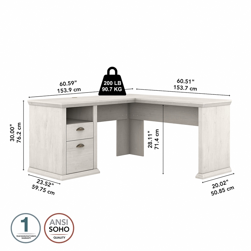 Bush Furniture Yorktown 60W L Shaped Desk with Storage in Linen White Oak