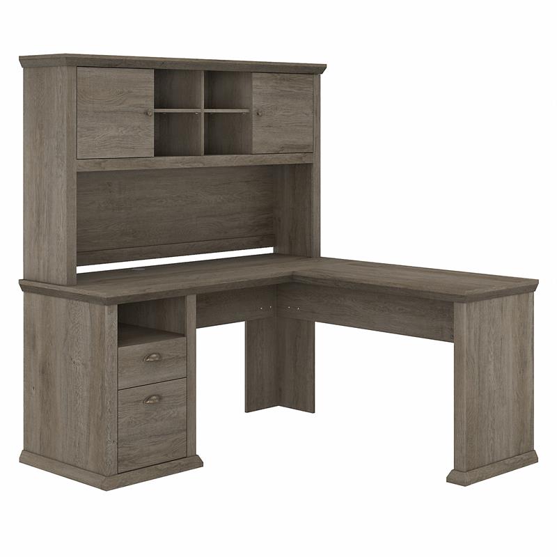 Yorktown 60W L Shaped Desk with Hutch in Restored Gray Engineered