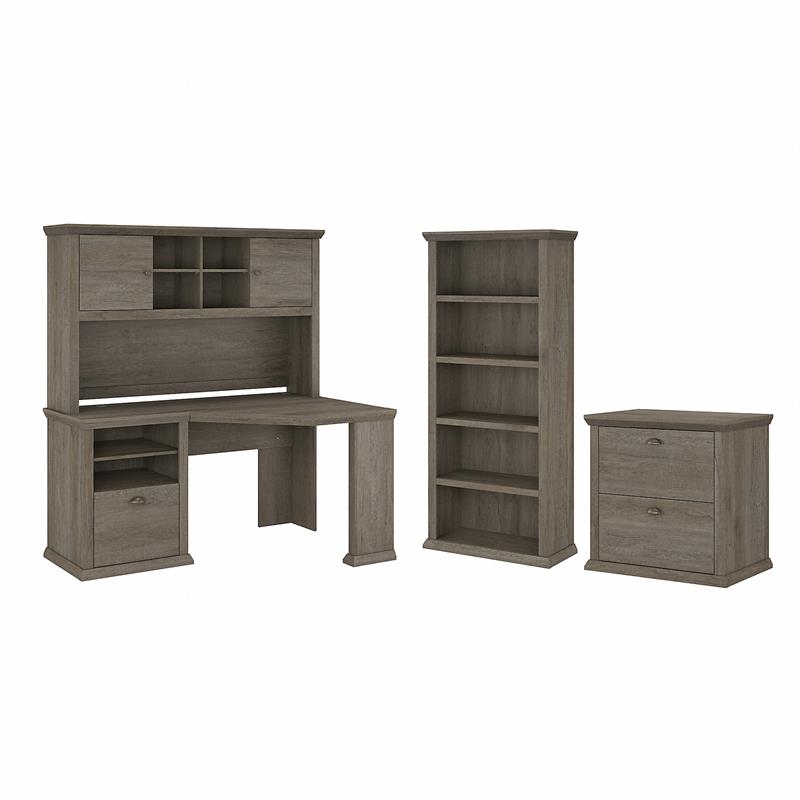 Yorktown Corner Desk with Hutch and Storage in Restored Gray Engineered Wood