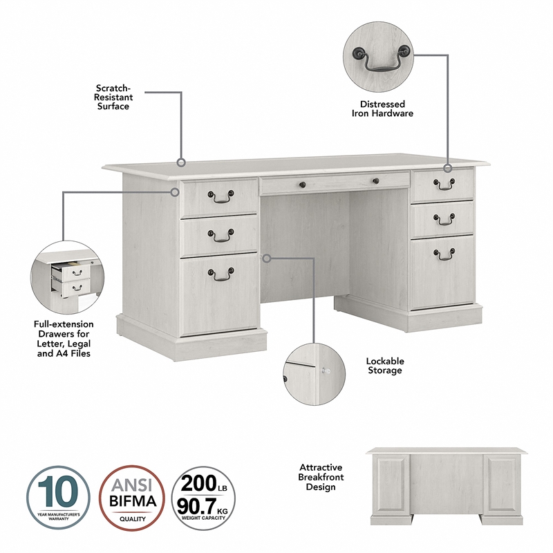 Bush Furniture Saratoga Executive Desk with Storage Set in Linen White Oak