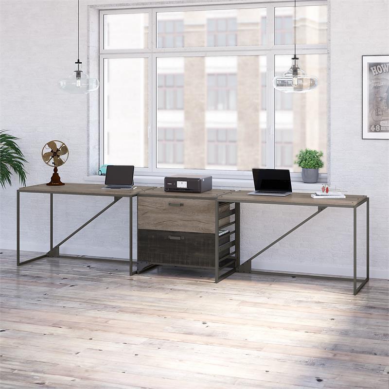 Refinery 2 Person Desk Set with File Cabinet in Rustic Gray - Engineered Wood